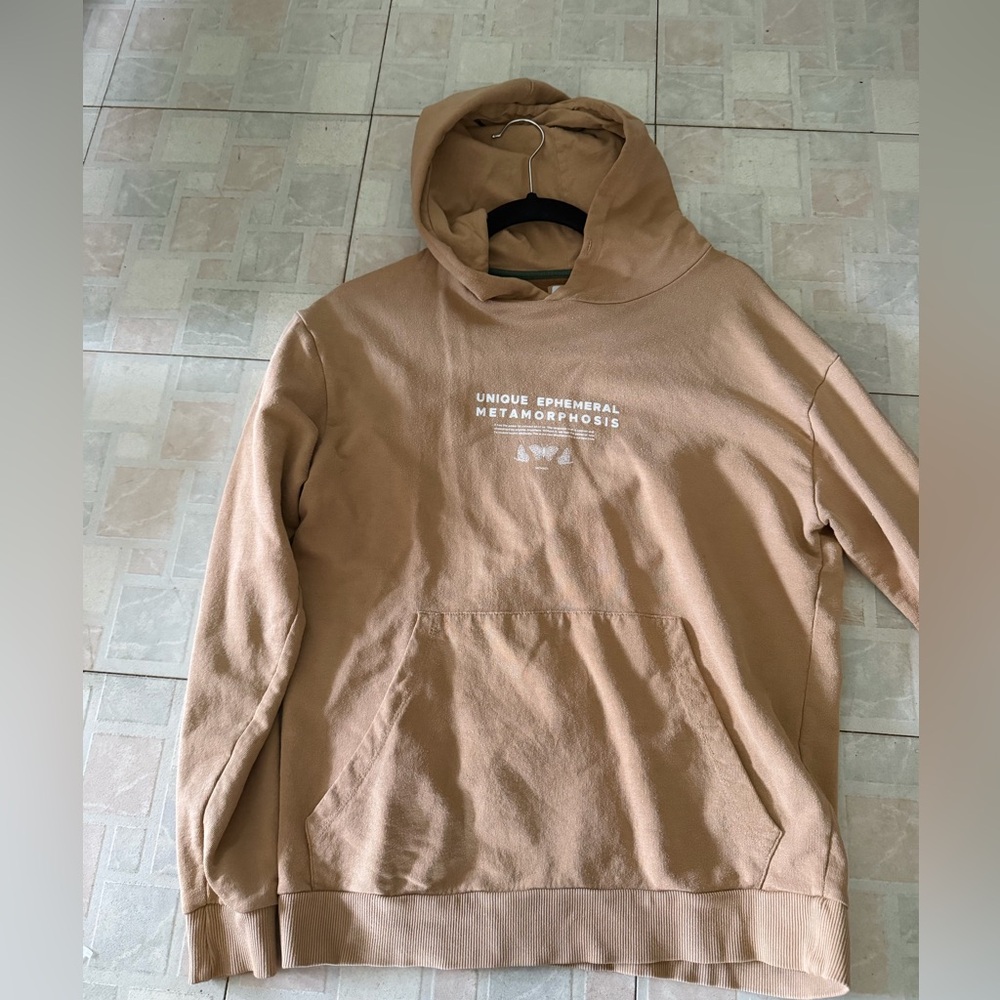 Denim & Flower Tan Hoodie with White Chest Text - Men's Pullover - size small